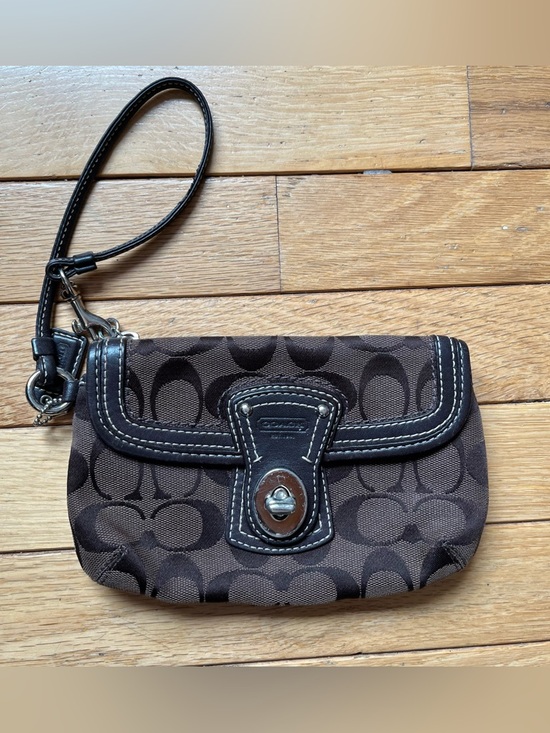 Coach Handbags - Vintage Classic Coach Brown Monogram Fabric and Leather Wristlet